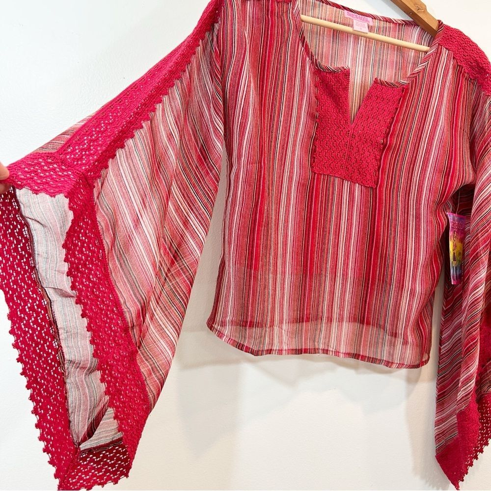 She's Cool Vibrant Red and White Striped SemiSheer Top Boho Hippie Crotchet Sz S